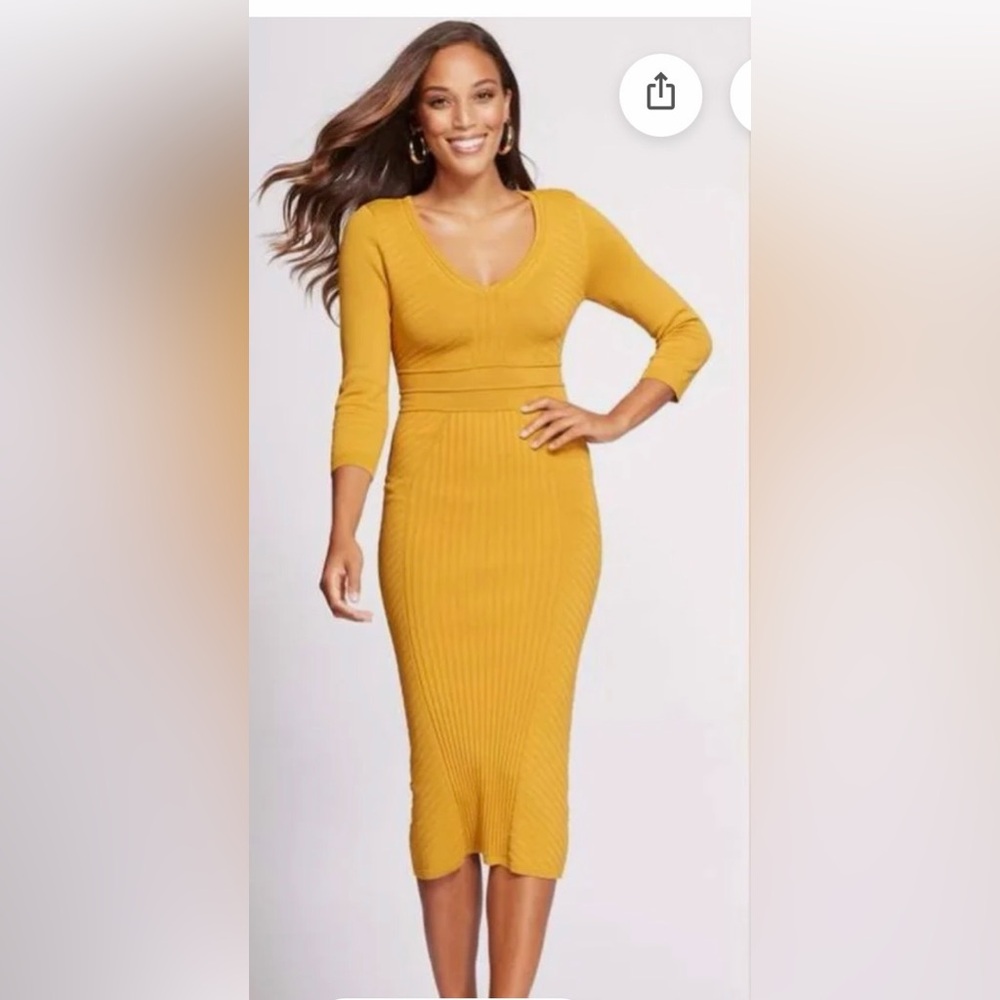 Yellow Ribbed Midi Dress with Waist Tie